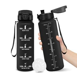 Borraccia, 500ML Senza BPA, Borraccia Bambini, Design della serratura a prova di perdite, Borraccia Motivazionale, Con marca temporale, Bottiglia Acqua per Scuola, Sport, Scalare Montagne - Nero