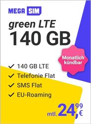 Mega SIM Green LTE 140 GB – mobiele telefooncontract voor het telefonica-netwerk met internet flat, flat telefonie en sms en EU-roaming – in alle Duitse netwerken – maandelijks opzegbaar