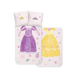 Disney Home Princess påslakanset för barn – prinsessa Belle och Rapunzel – vändbart, med hotellstängning, 100% förstärkt bomull – 2 delar – påslakan 140 x 200 cm, örngott 60 x 70 cm