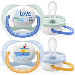 Philips Avent Lot de 2 sucettes Ultra Air sans BPA pour les bébés âgés de 0 à 6 mois, Bateau/Maman (modèle SCF080/01)