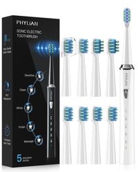 Brosse à dents électrique Sonic - Brosse à dents à ultrasons PHYLIAN Shcall avec 8 brosses de rechange, 5 modes de nettoyage, minuteur, charge 3 heures dure 60 jours