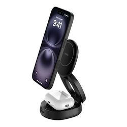 Belkin Chargeur 2-en-1 aimanté et Pliable (Station de Recharge Compatible MagSafe, certifié Qi2, 15 W, pour iPhone 16 et AirPods, Base antidérapante, Adaptateur Secteur 30 W Inclus, Noir)