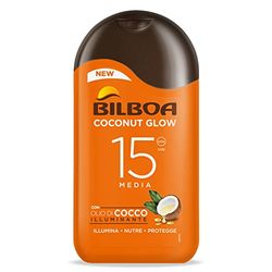 Bilboa Latte Solare Pelle Subito Luminosa e Uniforme con Protezione SPF 15, con Microperle di Jojoba e Cocco, Resistente all'Acqua, 200 ml