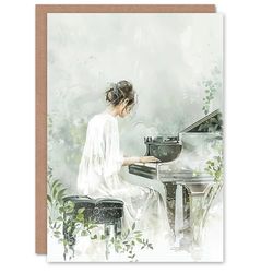 Artery8 Greeting Card Pianist Playing Piano Misty Forest Watercolour Blank For All Him Or Her Art Birthday Card