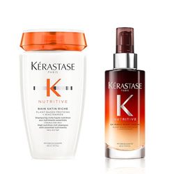 KÉRASTASE Nutritive - Routine Nourrissante pour Cheveux Secs à Très Secs & Épais - Enrichie en Niacinamide - Shampoing Bain Satin Riche (250 ml) + Sérum de Nuit 8H (90 ml)