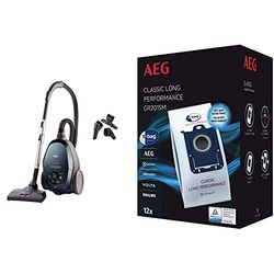AEG VX82-1-2ST Aspiradora de Trineo con Bolsa, 600 W de Potencia, Filtro Higiénico Lavable + GR201SM Mega Plack Bolsa S-Bag Classic Long Performance, Papel, Sintético, Azul, Blanco