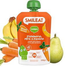 Smileat | Pouch de Fruta Ecológica para Niños | Con Zanahoria, Pera y Plátano | Sin Leche, Sin Azúcares y Sin Gluten | Para Bebés a Partir de los 6 Meses | 1 x 100 g