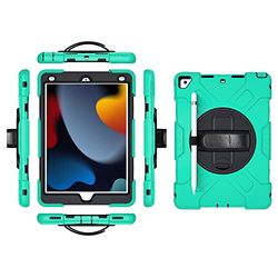 iPad mini6 2021 Generation Case with Screen Protector Pencil Holder Kickstand 360 Rotating Hand Strap Kickstand Robust Protective Case (Jade Green)