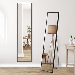 Americanflat 35x150 cm Aluminium Black Full Length Mirror with Stand - Free Standing Mirror Full Length - Full Body Mirror for Bedroom and Long Mirror for Living Room with Built-in Easel