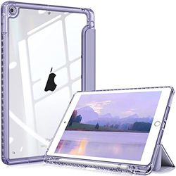 Fintie Funda Durable Compatible con iPad 10,2" 2021/2020/2019 (9.ª, 8.ª y 7.ª Gen) con Portalápiz - Carcasa Trasera Transparente a Prueba de Choques Auto-Reposo/Activación, Lila (Borde Transparente)