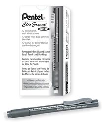 Pentel ZE22A, Clic Eraser Grip, Retractable Eraser, Black Barrel, Box of 12