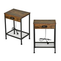 MEUBLE COSY Set di 2 comodini con stazione di ricarica, 4 porte USB, tavolino da caffè, tavolino piccolo con ripiano per soggiorno, camera da letto, industria, struttura in metallo, marrone, 38 x 28 x