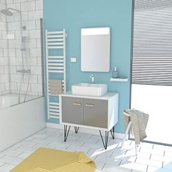 AURLANE Meuble Salle DE Bain SCANDINAVE Blanc ET Gris 80 CM sur Pieds - Portes Vasque A Poser + Miroir LED