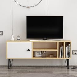Hanah Home Stylowa szafka pod telewizor, dąb i biel, 120 x 25 x 51,6 cm, 100% pokryta melaminą, grubość 18 mm, montaż ścienny z wieloma półkami, nowoczesne wzornictwo