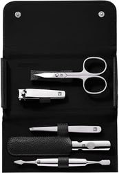 ZWILLING Travel Size Manicure Set 5 Pieces with Nail Clippers in 100% Leather Case Black