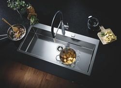 GROHE K800 Lavello da cucina in acciaio inox, 1 vasca 968 x 400 x 200 mm, Dimensioni standard 1024 x 510 mm, con miscelatore da cucina professionale GROHE Essence, Raccordi da 3/8 pollici