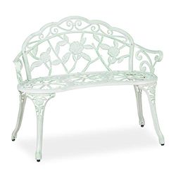 Relaxdays tuinbank, 2 zits, rozen, terras, balkon, aluminium & gietijzer, antieke buitenbank, 78x98x55,5 cm, wit/groen