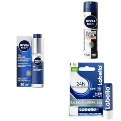 Bundle di NIVEA MEN Anti-Age Hyaluron Hydro Gel Viso Uomo 50ml+ NIVEA MEN Deodorante Black & White Invisible Ultimate Impact Spray 150 ml + Labello Active For Men SPF15