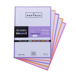 UNIPAPEL 53392398 Recambio 100 Hojas A4, 5 Bandas Colores Pastel, Cuadrícula 5x5, 90g, Papyrus - Unicolor 5