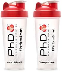 PhD Nutrition Mixball Shaker, Shaker for Protein Shakes, Wire Mixball Whisk, Red Non-Drip Screw Lid, Transparent Colour, 600 ml (Pack of 2)