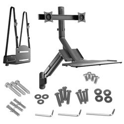 Maclean MC-633 - Estación de trabajo 3 en 1: soporte de pared para monitor de 2 vías con estante para teclado y soporte de computadora, soporte de pared de 43 a 81 cm, resorte de gas