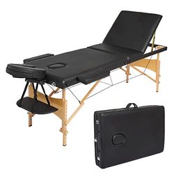 Meerveil Massagetafel, inklapbaar, 3 secties, cosmeticapbed, inklapbaar, van PU en hout, met afneembare hoofdsteun, verstelbare armleuningen, met draagtas en accessoires (zwart)