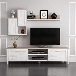 Homemania HOMFRT-006 Gabinete de TV Sento con Puertas y Estanterías, Melamina de Tablero de Partículas, MDF, Blanco, Nogal, 160 x 35 x 42 cm