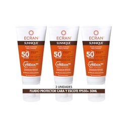 Ecran Sunnique Fluido Protector Solar FPS 50+ para Cara y Escote, Protección UVB + UVA e IR-A, Refuerza las Defensas, Protege la Piel, Hidratación 24 h, Fórmula con VitEox 80 - Pack de 3 x 50 ml
