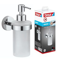 tesa Dispensador de sabão de mãos Smooz, garrafa de vidro acetinado para sabão líquido com suporte cromado inoxidável, inclui solução autocolante de montagem, 200 ml