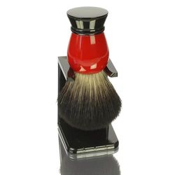 Portabrochas de afeitar de plástico negro con brocha de afeitar de pelo sintético rojo y negro
