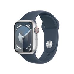 Apple Watch Series 9 [GPS + Cellular 41 mm] med boett i aluminium silver och Sportband i stormblå – S/M. Träningsmätare, apparna Syrenivå i blodet och EKG, Retina-skärm som alltid är på, vattentålig