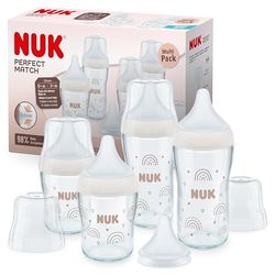 NUK Perfect Match zestaw szklanych butelek dla niemowląt | od 6 miesięcy | dostosowuje się do dziecka | Temperature Control | 4 butelki Anti-Colic i dodatkowe silikonowe smoczki do picia | 120 ml i