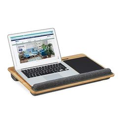 Relaxdas laptopkussen, bamboe, met muismat, telefoonhouder, polssteun, HBD: 7 x 55 x 36 cm, schootkussen laptop, natuur