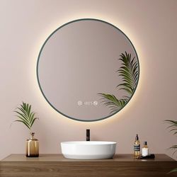 EMKE Ronde Badkamerspiegel Met Verlichting, 60 cm, Donkergroen, Dimbaar, Condensvrij, Met Klok en Temperatuurweergave, LED-Verlichting en Neutraal Licht