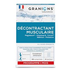 GRANIONS Décontractant Musculaire Crampes, gênes, raideurs musculaires Magnesium, Vit B, Cuivre, Selenium, Potassium Pour toute la famille Fabriqué en France 60 comprimés