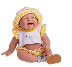JC Toys - Lola Lemon Twist doll 36 cm and Soft Vinyl, Smiley Face, sitting doll, Vichy Printed Clothing and Sandals, Girl, Made in Spain, + 2 years