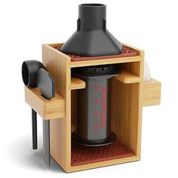 HEXNUB – Bamboo Organizer for AeroPress, Compact Coffee Caddy Station Holds AeroPress Coffee Maker, Accessories, Filters, Cups, Stand includes Mats (Brown)