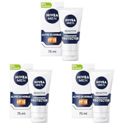 NIVEA MEN Sensitive Hidratante Protector FP15 (1 x 75 ml), 0% alcohol antirritación crema facial hidratante para hombres con piel sensible, con protector solar FP15 (Paquete de 3)