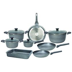 Tognana Phaetra Style, batterie de casseroles et poêles, set de 3 poêles, 4 casseroles, 4 couvercles transparents, 1 lasagnoire, 12 pièces, aluminium, gris