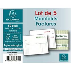 Exacompta - Ref. 13274SE - Lot of 5 FACTURES manifolds - in film - 50 numbered carbonless sheets in 2 copies (1 original + 1 copy) - size 105 x 135 mm - made in France