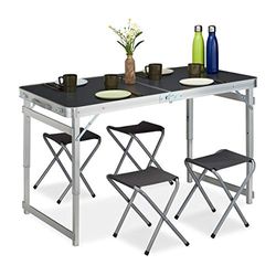 Relaxdays Campingtisch Set Muebles Camping, Plegable, 4 Sillas, Mesa, Altura Ajustable, 120 x 60 cm, Aluminio, MDF, Plateado/Gris, Metal