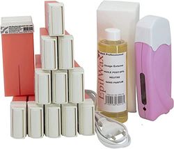 EpilWax - Kit d'Épilation Solo Complet avec : 1 chauffe cire epilation professionnelle - 12 Roll-On de cire Pro Rose de100 ml, 100 bandes epilation, 250 ml huile après epilation - (Solo Série Rose 12)
