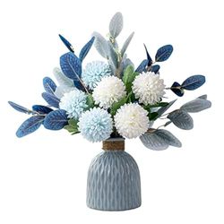 FTPRO Artificial Flowers and Vases,Fake Hydrangea with Eucalyptus Bouquet Combination, Realistic Dining Table, Living Room Home Decoration （Blue