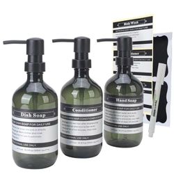 SOOKDEO Zeepautomaat Dispenser Fles Badkamer Keuken Navulbaar voor Shampoo Conditioner Handschotel Zeep Lotion Olie Douche met Pomp & Waterdichte Labels, 500ml, 3 Pack (Groen - zonder muurbevestiging)