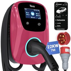 Tera EV oplader Smart APP: 32A type 2 22kW of 11kW thuis laadstation 400V CE & TÜV Wallbox 7 m oplaadkabel met lader houder app-besturing CEE 3-fasen stekker voor alle EV's en PHEV's W01 magenta