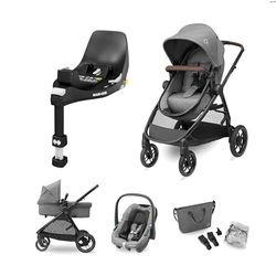 Maxi-Cosi Pack Zelia S Trio Cochecito Bebé 3 Piezas, FamilyFix 360 Base Giratoria - Silla de Paseo 3 en 1 con Cabriofix S i-Size Silla Coche Bebé, 0-4 años, Gris + FamilyFix 360 Base ISOFIX, Negro