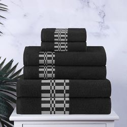 Superior 6-Piece Cotton Towel Set, Geometric Design, Dobby Border, Plush Quick Dry Towels, Decorative Bathroom, Spa, Includes 2 Bath, 2 Hand, 2 Face Towels/Washcloth, Larissa Collection, Black