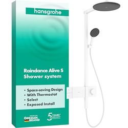 hansgrohe Raindance Alive S - Colonna doccia con miscelatore termostatico, Sistema doccia con rubinetto, doccetta (3 getti incl. PowderRain), tubo, asta e soffione doccia tondo, bianco opaco, 24582700