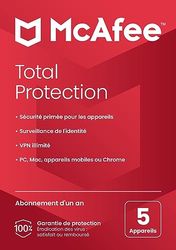 McAfee Total Protection para 5 dispositivos, 2025 |12 meses | VPN segura, el software de seguridad incluye antivirus, gestor de contraseñas, supervisión de identidad | Entrega por correo