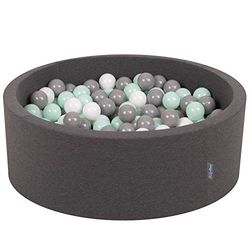 KiddyMoon Suchy Basen 90X30cm/300 Piłek ∅ 7Cm, Okrągły Miękki Basen Dla Dzieci Z Kolorowymi Kulkami, Ciemnoszary: Biały-Szary-Mięta